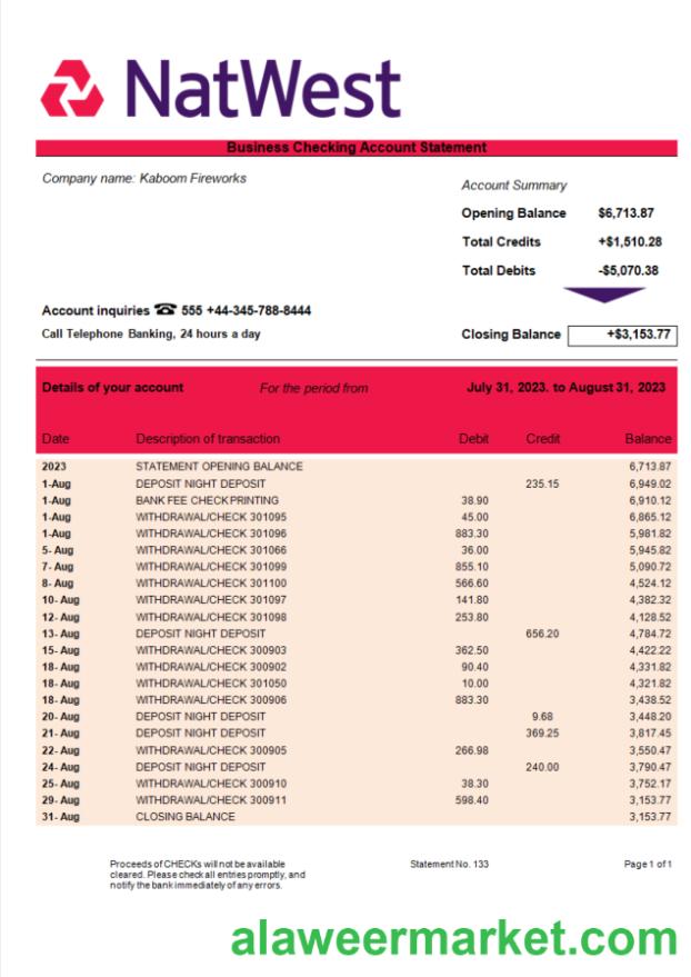 NatWest Bank enterprise account statement Word and PDF template